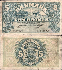 5 Kroner 1942 - Prefix H - Series: 2510076 - Denmark - Pick:30g -"VG" - C44 - Picture 1 of 4