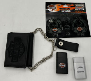 Harley Davidson Leather Wallet Trifold, Chain, And 2 Lighters Lot