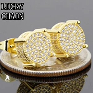 14K GOLD FINISH BLING OUT LAB DIAMOND 3D ROUND STUD EARRING W 9mm E505 - Picture 1 of 2