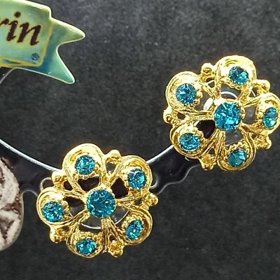 Pendientes Flor Michal Negrin Poste Grande Chapados en Oro y Cristales Swarovski Azules Foto 1 de 4