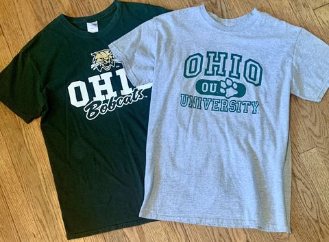 (2)Ohio University Bobcats T-shirts Mens Sz Med Heathered Green Cotton Blend Cover
