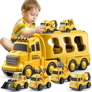 Diecast Carrier Truck with Engineering Vehicles Models Toy Set Gift for Kids - Picture 1 of 7