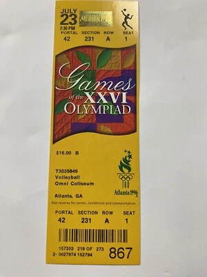 1996 年亚特兰大奥运会排球未使用门票 Portal42 Section231 Row A 座1 — 第 1/2 张图片