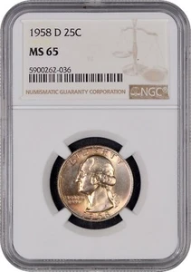 SUPER~RAINBOW TONED~1958-D  NGC MS 65 WASHINGTON QUARTER-MINT STATE TONED - Picture 1 of 2