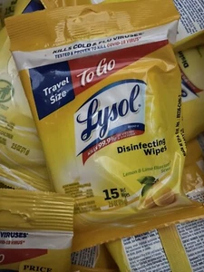 (10) Lysol To Go Disinfecting Wipes Lemon Lime Scent 15 Per Pack Car Travel - Picture 1 of 2
