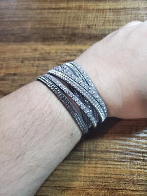 Pulseras Doble Envoltura Cristal Estrás Tono Plata Tachuelas ¡Varios Colores! Foto 1 de 4