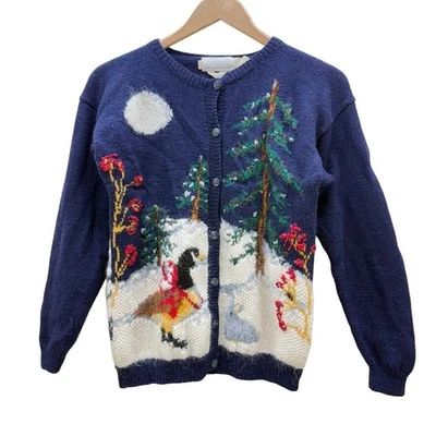 VTG Eagles Eye Cardigan Christmas Party Sweater Winter Landscape Animals Sz S - Image 1 of 4