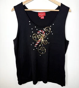 Jack B Quick Holiday ärmellos Pullover Oberteil XL schwarz Weihnachten Perlen Zuckerstange - Bild 1 von 6