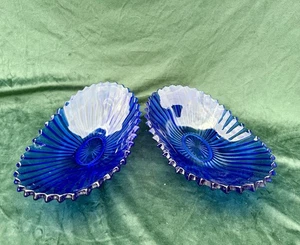 Vintage Pair Of Sowerby Cobalt Blue Glass Starburst Oval Fruit/ Sweet Bowls - Picture 1 of 5