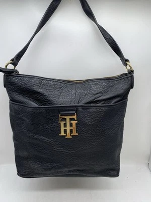 Tommy Hilfiger Black Pebble Leather Shoulder Bag Purse Gold TH Charm - Image 1 of 4