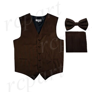 New Men's Tuxedo Vest Vertical Stripes Bowtie Hankie prom party Brown wedding - Picture 1 of 4