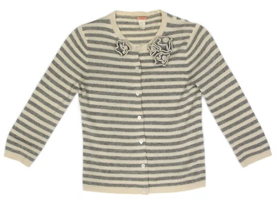 J. ЭКИПАЖ 100% КАШЕМИР КАРДИГАН цветочный украшение серый в полоску XS работает маленький 9823 - Изображение 1 из 4