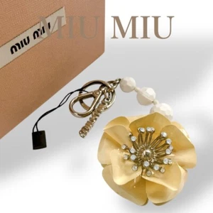 Miu Miu Flower Key Ring Bag Charm Ivory Metal Rhinestone Total length 5.9" JAPAN - Picture 1 of 11