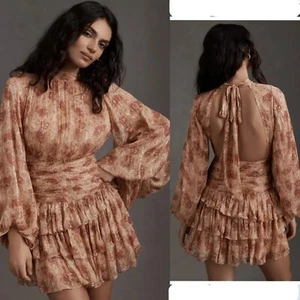 BHLDN ELLA High Neck Balloon Sleeve Dress In Gold NWT Size 12 - Picture 1 of 10