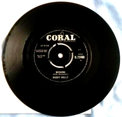 BUDDY HOLLY, WISHING, 1963 CORAL LABEL, R&R,POP, VINYL EX+, SLEEVE WHITE PAPER. - Image 1 of 2