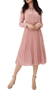 NEW Pink Career Shirt Dress Long Sleeve Pleated Midi Dress NO Belt S - Picture 1 of 6