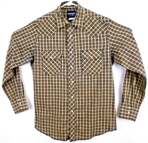 Wrangler Men's Shirt Size M Long Sleeve Pearl Snap Blue/Brown/Yellow Mini Checks - Picture 1 of 7