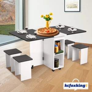 Foldable Dining Table Chairs Kitchen Living Room Furniture 5 Piece Wooden Black - Picture 1 of 12