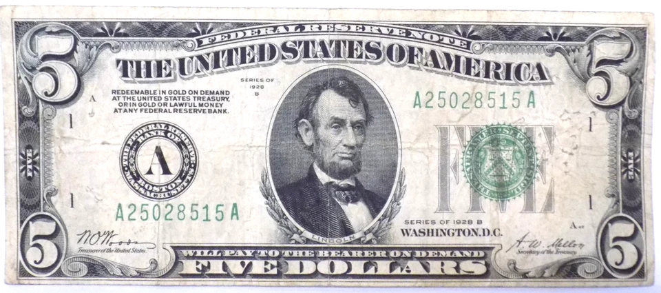 1928 B selo verde $5 nota da Reserva Federal Bank of Boston A25028515A - Imagem 1 de 4