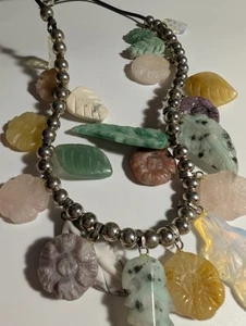 Handmade Carved Gemstone Necklace • Boho Statement • Leaf & Flower Multi‑Stone - Picture 1 of 11