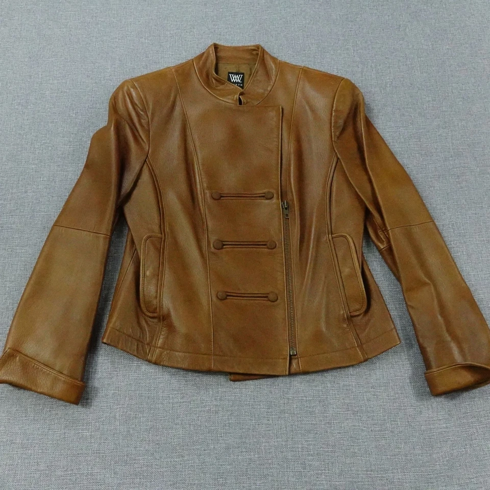 Chaqueta Moto Worth Mujer Cuero Marrón Asimétrica Cremallera Detalle Botón Talla 10 Foto 1 de 4