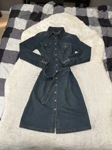 Moda International Blue Long Sleeve Denim Belted Dress Size 4 Pearl Snap Western - Picture 1 of 6