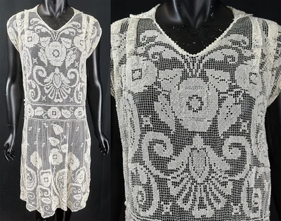Vintage 1920s White Woven Net Filet Lace Knotted Embroidery Rococo Style Dress - Image 1 of 3