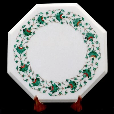 12" Marble inlay table top inlaid with malachite stone, corner, end & side table - Image 1 of 4