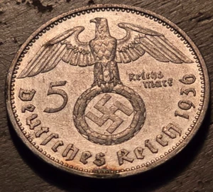 1936 A 5 Mark German WW2 *SILVER* Coin Third Reich; High-Grade & Large Swastika! - Picture 1 of 2