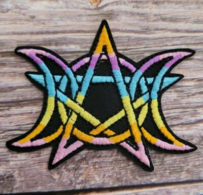 Triple Moon Triquetra Pentagram Witch New Age Rainbow Embroidered Iron on Patch - Image 1 of 2
