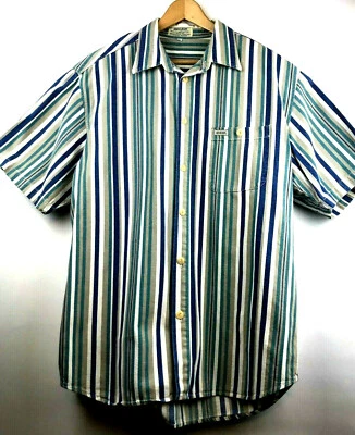 Vintage 90s GUESS JEANS Shirt Mens Sz Large Striped Canvas Button Front Blue Tan - Image 1 of 4