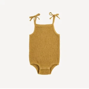 NWT Kate Quinn Tie Smocked Bodysuit Honey Mustard Yellow Bamboo 12-18m - Picture 1 of 2