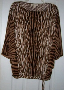 Michael Kors XS Blouse Pullover Top Stretch Tiger Animal Brown Black Tie Waist - Picture 1 of 7