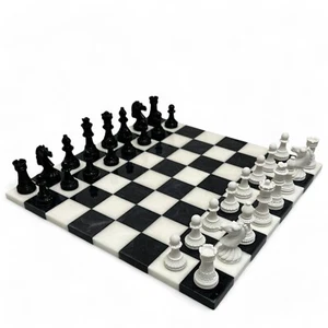 Set di Scacchi in Marmo Bianco e Nero con Scacchiera in Alabastro Chess Set 32cm - Picture 1 of 9