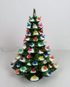 Vintage beflockter grüner beleuchteter Keramik-Weihnachtsbaum 16 3/4" Kerze Blüte Glühbirnen - Bild 1 von 23
