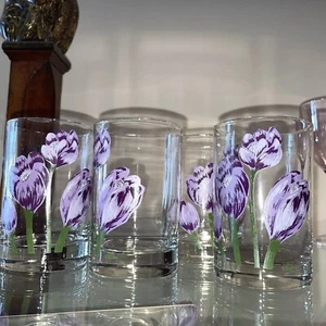 4 Heavy Cera Purple Tulip Water Glasses 4+”X 3” 12 Oz - Picture 1 of 4
