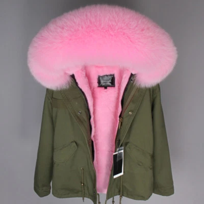 Women's Large Fox Fur Fluffy Coats Collar Hood Winter Warmer Jackets Short Parka - Image 1 of 4