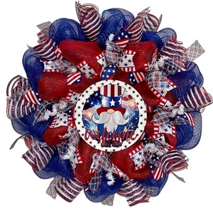 Uncle Sam Gnome Patriotic Welcome Wreath Handmade Deco Mesh - Picture 1 of 4
