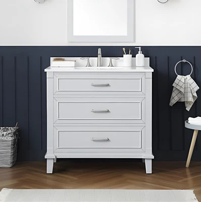 Decoradores del hogar Pinestream lavabo individual baño tocador paloma gris con tapa de piedra blanca Foto 1 de 4