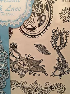 Anello Collana 8 Flash Hennè Temporaneo Mehndi Pizzo Tatuaggi Fiori Nero - Foto 1 di 8