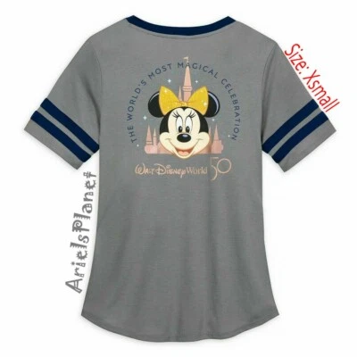 Walt Disney World Parks 50 Anniversary Minnie Mouse V-Neck Castle T-Shirt Tee XS