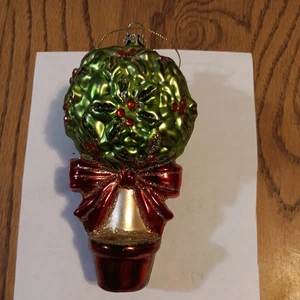Blown Glass Ornament HOLLY BUSH RED RIBBON No Maker Mark - Picture 1 of 11