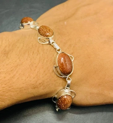 Red Sunstone Gemstone 925 Sterling Silver Handmade Adjustable Bracelet Jewelry - Image 1 of 2