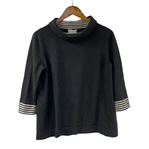 Pure Cashmere Black Knit Sweater 8/10 3/4 Sleeve White Striped Turtleneck 100% - Picture 1 of 6