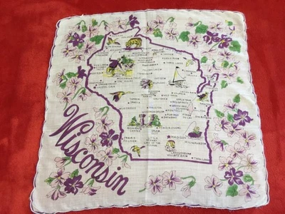 Pañuelo de colección WISCONSIN State Hankie mapa púrpura lavanda flores Foto 1 de 4