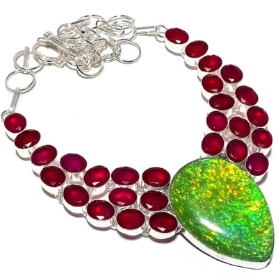Tripletta Fuoco Opale, Rosso Giada Gemma 925 Sterling Argento Gioielli Collana - Immagine 1 di 4