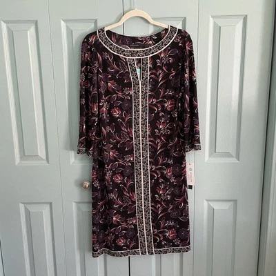 Maggy London Marnie Knit Floral Knee Length Dress 12 Black/Berry 3/4 Sleeves - Image 1 of 4