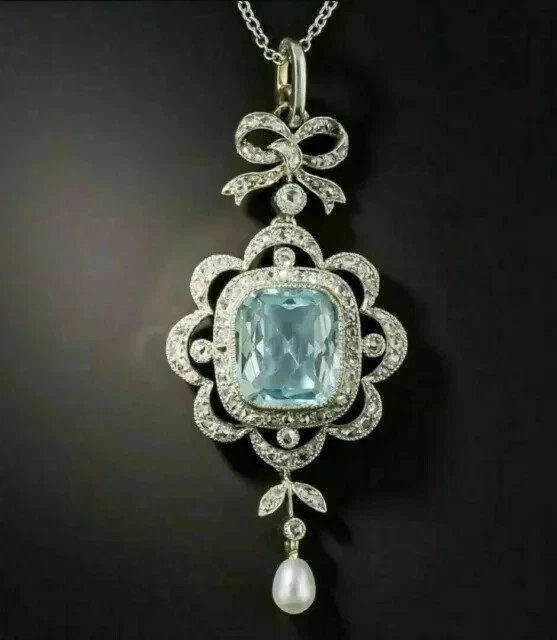 Colgante de halo de aguamarina simulada con cojín de 2,5 quilates enchapado en oro blanco de 14 quilates cadena de 18" Foto 1 de 3