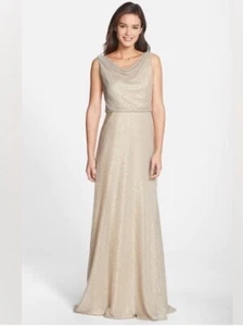 JENNY YOO MADELYN DRAPE NECK GOLD METALLIC GOWN MAXI DRESS SIZE 14 - Picture 1 of 12