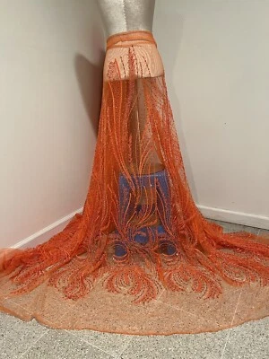 Orange  Beaded Sequins Embroidery Bridal Lace Fabric 50” Width Sold By Yard - Image 1 of 4